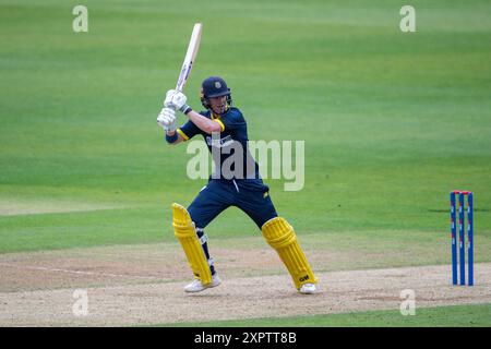 Southampton, Royaume-Uni. 07 août 2024. Nick Gubbins du Hampshire bat pendant le match de la Metro Bank One Day Cup entre le Hampshire et le Derbyshire à Utilita Bowl. Crédit : Dave Vokes/Alamy Live News Banque D'Images