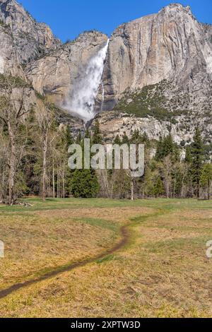 Waterfall Trail - Un sentier de randonnée serpentant à travers une prairie printanière vers les spectaculaires chutes Yosemite qui rugissent au large d'une falaise de granit escarpée et solide. Banque D'Images