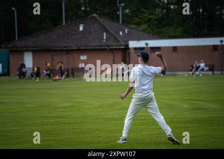 Fielder lançant la balle dans une partie de cricket Banque D'Images