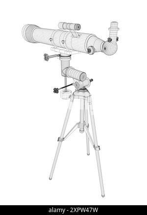 Dessin filaire de télescope - outil d'astronomie. Télescope dans l'illustration vectorielle de contour simple. 3D.. Illustration de Vecteur