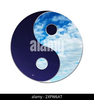 Symbole Yin et yang avec le ciel la nuit et le jour à l'intérieur sur fond blanc Banque D'Images