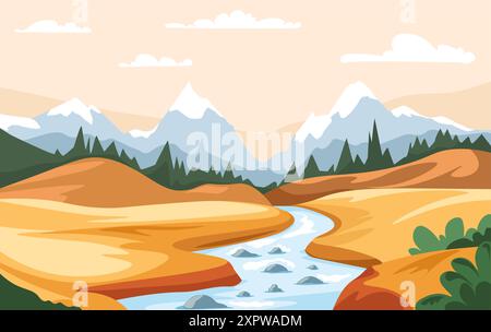 Vecteur de scène Mountain River Valley Illustration de Vecteur