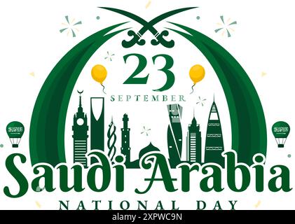 Fête nationale de l'Arabie saoudite le 23 septembre avec drapeau du Royaume d'Arabie Saoudite et paysage urbain en illustration vectorielle de fond plat Illustration de Vecteur