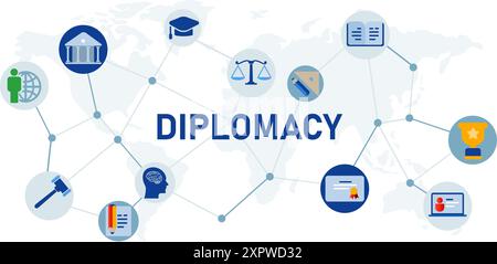 diplomatie loi justice ordre connexion communication global diplomate politique icône set design Illustration de Vecteur