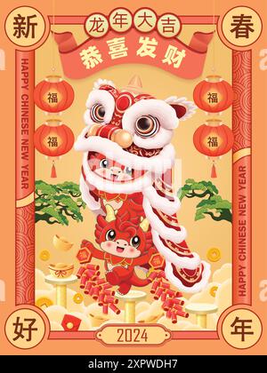 Design d'affiche du nouvel an chinois vintage avec caractère dragon. Chinois signifie heureux nouvel an lunaire année propice du dragon, vous souhaitant la prospérité Illustration de Vecteur