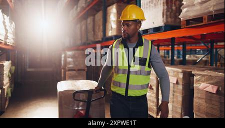 Logistique, boîte et homme avec chariot dans l'entrepôt pour la chaîne d'approvisionnement, l'emballage ou la distribution d'inventaire. Dropshipping, fournisseur et emballeur avec casque Banque D'Images