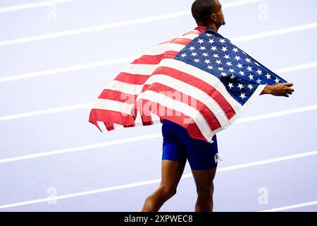 Saint Denis, France. 07 août 2024. Le médaillé d'or Quincy HALL participe à la finale du 400m masculin au stade de France à Saint Denis, au nord de Paris, lors des Jeux Olympiques de Paris 2024 le 7 août 2024. Photo de Julien Poupart/ABACAPRESS. COM Credit : Abaca Press/Alamy Live News Banque D'Images