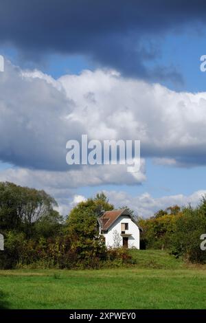 Nouvelle petite maison abandonnée à la lisière des bois sous ciel nuageux, Pozega, Serbie occidentale Banque D'Images