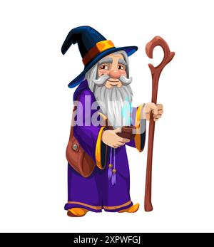 Personnage de sorcier druide gnome de dessin animé. Personnage astrologue nain fantaisiste de vecteur isolé avec une barbe, un chapeau pointu, une robe, une pipe à fumer et une rue en bois Illustration de Vecteur