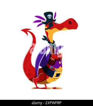 Personnage de capitaine pirate animal dragon de dessin animé. Personnage fantaisie vectoriel isolé habillé comme un filibuster, avec un chapeau orné de crâne et un EY Illustration de Vecteur