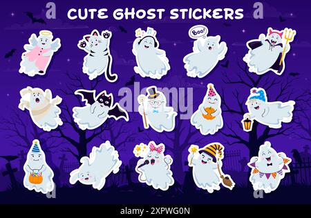Stickers de personnages fantômes de dessin animé Halloween kawaii. Personnages vectoriels d'esprits mignons portant des costumes de monstres d'Halloween avec citrouille, chapeau de sorcière et bro Illustration de Vecteur