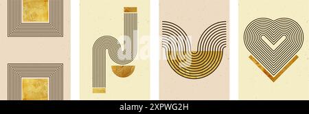 Ensemble d'affiches abstraites avec des arcs rayés et des formes géométriques. Fond vectoriel avec texture dorée dans un style bohème à la mode Illustration de Vecteur