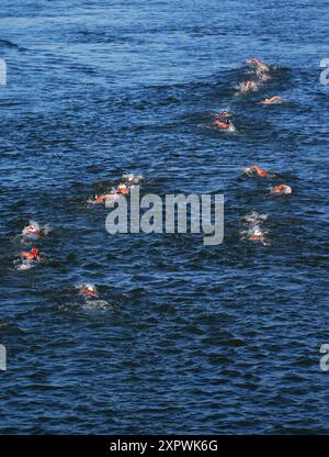 Les compétitrices du marathon féminin de 10 km nagent au Pont Alexandre III le treizième jour des Jeux Olympiques de Paris 2024 en France. Date de la photo : jeudi 8 août 2024. Banque D'Images