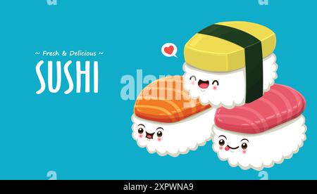 Modèle de conception d'affiche de personnage de Sushi vintage. Illustration de Vecteur