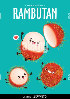 Conception d'affiche de nourriture vintage avec le caractère Rambutan Illustration de Vecteur