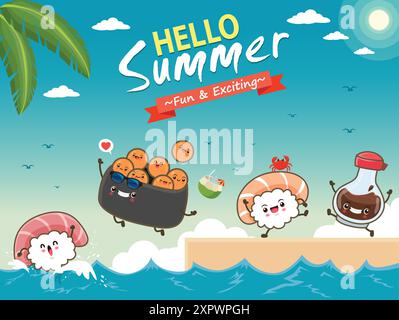 Modèle de conception d'affiche de personnage de Sushi vintage. Illustration de Vecteur