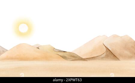 Aquarelle dunes désertiques et paysage de sable avec illustration dessinée à la main par le soleil brillant. Croquis de nature africaine monochrome Banque D'Images