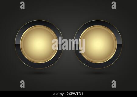 Ensemble de 2 design infographique de vecteur de bouton de cercle de luxe. Deux icônes noires dorées sur fond dégradé sombre isolé, double premium Vector Illustrat Illustration de Vecteur