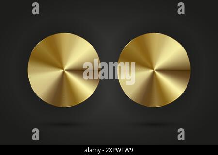 2 conception infographique de vecteur de bouton en métal réaliste cercle d'or de luxe. Deux boutons dorés sur fond dégradé sombre isolé Illustration de Vecteur