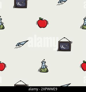 Modèle sans couture avec pomme, avion, tableau noir et flacon chimique. Illustration liée à l'automne, à l'école, à l'apprentissage Illustration de Vecteur