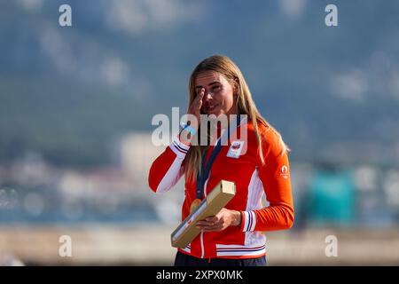 Marseille, France. 07 août 2024. MARSEILLE, FRANCE - 7 AOÛT : Marit Bouwmeester, des pays-Bas, en compétition dans la course de médailles de dinghy féminine lors du jour 11 de voile - Jeux Olympiques Paris 2024 à Marseille Marina le 7 août 2024 à Marseille, France. (Photo par ICON Sport/BSR Agency) crédit : BSR Agency/Alamy Live News Banque D'Images