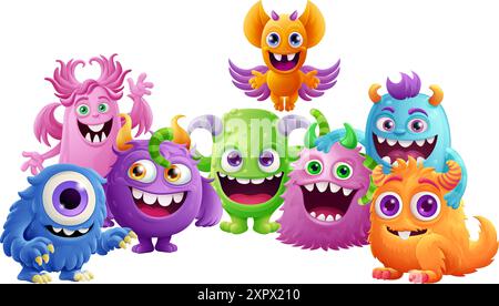 Personnages de dessins animés Cute Monsters ou Aliens Friends Illustration de Vecteur