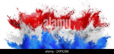 drapeau coloré des pays-bas avec explosion de poudre de peinture holi rouge blanc et bleu isolé sur fond blanc. Symbole de football hollandais trave Banque D'Images