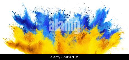 drapeau coloré de l'ukraine avec la couleur jaune bleu holi peinture poudre explosion isolé sur fond blanc. symbole ukrainien liberté de voyage et tourisme Banque D'Images