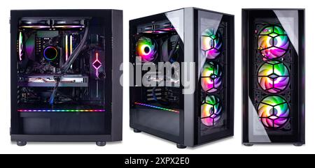 Ensemble collection d'ordinateur de jeu haut de gamme moderne noir avec fenêtres en verre et lumières LED RGB arc-en-ciel colorées brillantes dans la vue avant et latérale isolée Banque D'Images