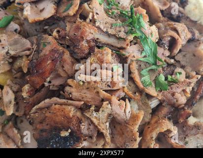 Portion désordonnée de Gyros servis : morceaux de viande de porc et de persil - fond de photographie alimentaire. Banque D'Images