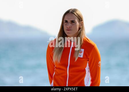 Marseille, France. 07 août 2024. Marit BOUWMEESTER (pays-Bas) Médaille d'or, voile, dinghy féminin lors des Jeux Olympiques de Paris 2024 le 7 août 2024 à Marseille Marina, France - photo Norbert Scanella/Panoramic/DPPI Media Credit : DPPI Media/Alamy Live News Banque D'Images