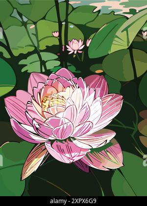 plantes de fleurs de lotus avec des feuilles vertes dans le lac Illustration de Vecteur