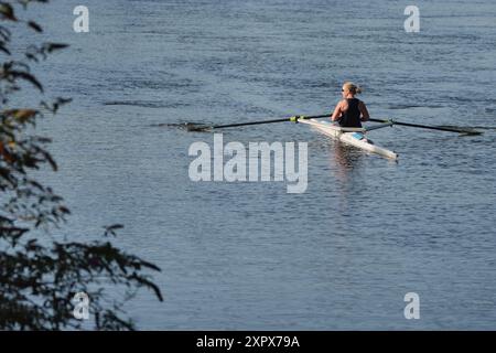 Un rameur tôt le matin longe la Tamise entre Maidenhead et Bray, dans le Berkshire. Date de la photo : jeudi 8 août 2024. Banque D'Images