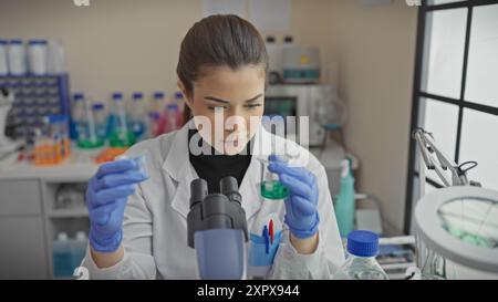 Scientifique hispanique ciblée analysant des échantillons dans un laboratoire, entourée d'équipement. Banque D'Images