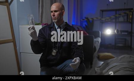 L'homme détective chauve examine les preuves à l'intérieur de la scène de crime portant des gants et montrant un badge. Banque D'Images