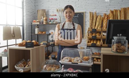 Jeune femme chinoise dans une boulangerie avec divers pains et pâtisseries, debout avec confiance avec les bras croisés portant tablier en chine, cadre intérieur Banque D'Images