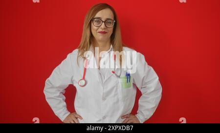 Médecin féminin confiant avec stéthoscope debout sur fond rouge vif portant des lunettes et un manteau blanc Banque D'Images