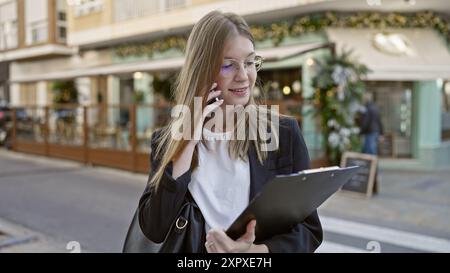 Une jeune femme adulte parle au téléphone tout en tenant un presse-papiers dans une rue de la ville. Banque D'Images