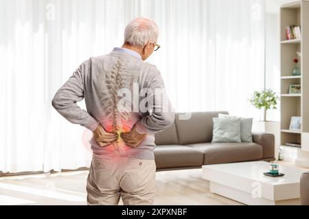 Vue arrière d'un homme âgé souffrant de douleur retenant le bas du dos avec une tache douloureuse rouge Banque D'Images