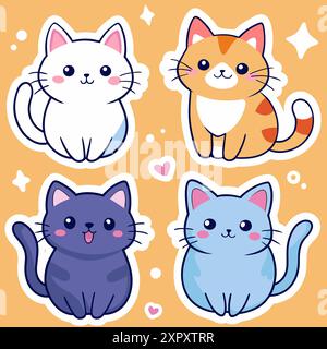 Ensemble d'autocollants dessinés à la main avec des chats mignons. Illustration vectorielle de dessin animé. Illustration de Vecteur