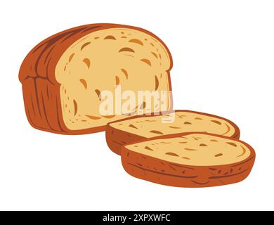 Pain frais dessiné à la main, entier et tranché. Illustration vectorielle de style de dessin animé. Illustration de Vecteur