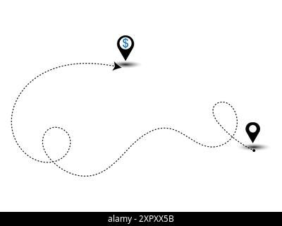 Géolocalisation avec des symboles de devise dollar ligne pointillée flèche itinéraire broche de localisation de chemin avec vecteur d'enroulement. Illustration de Vecteur