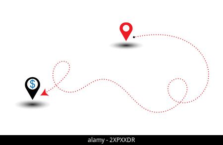 Géolocalisation avec des symboles de devise dollar ligne pointillée flèche itinéraire broche de localisation de chemin avec vecteur d'enroulement. Illustration de Vecteur