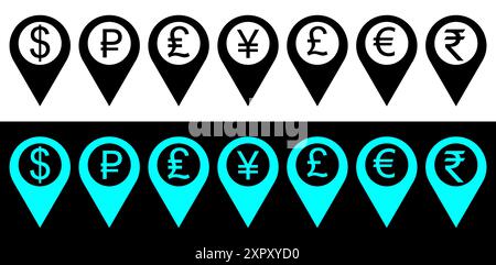 Géolocalisation avec symbole de signe monétaire. Livre, roupie, euro, rouble, yen, signe dollar. Illustration de Vecteur