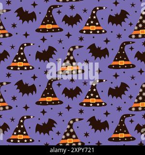 Black Witch Hat modèle sans couture décoré avec des étoiles et des fleurs rétro avec des chauves-souris sur fond violet. Pour Halloween tissu, textile et Halloween PA Illustration de Vecteur