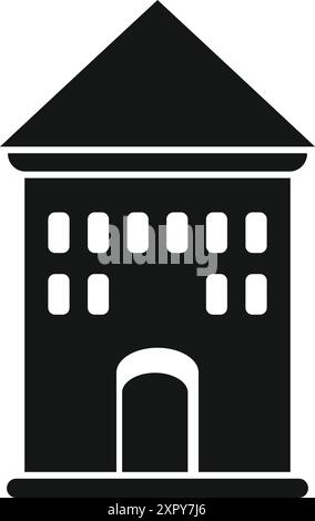 Icône simple en noir et blanc d'une façade de bâtiment de trois étages avec une porte voûtée Illustration de Vecteur