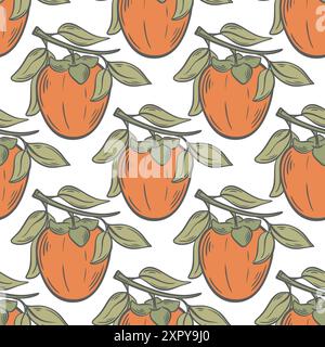 Fond Eco fruit. Kaki juteux mûr sur les branches avec des feuilles sans couture. Cultiver des produits sains naturels. Imprimé kaki, graphique vectoriel Illustration de Vecteur