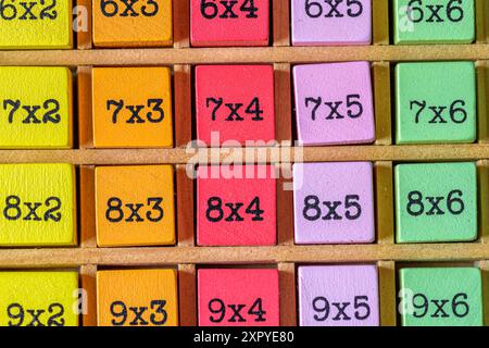 table de multiplication en bois coloré, concept de jouet éducatif pour enfants Banque D'Images