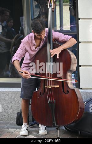 Musicien suisse jouant de la contrebasse dans la rue de Lucerne, Suisse Banque D'Images