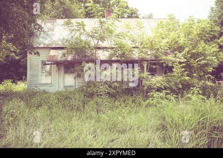 Propriété abandonnée envahie dans le midwest américain avec effet de filtre vintage Banque D'Images